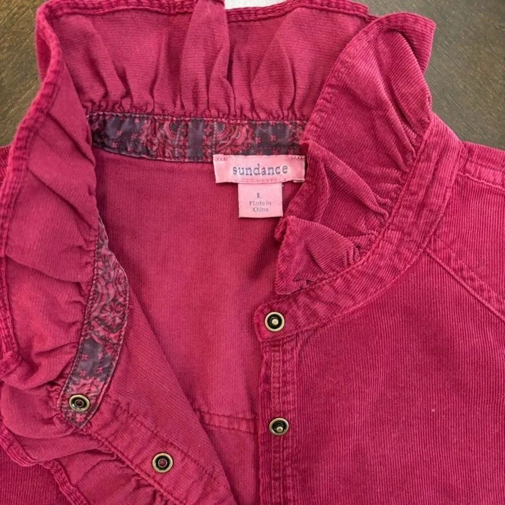 Sundance Burgundy Fine Corduroy Ruffle Front Pearl Snap Shirt Sz L Western Boho - Picture 5 of 8